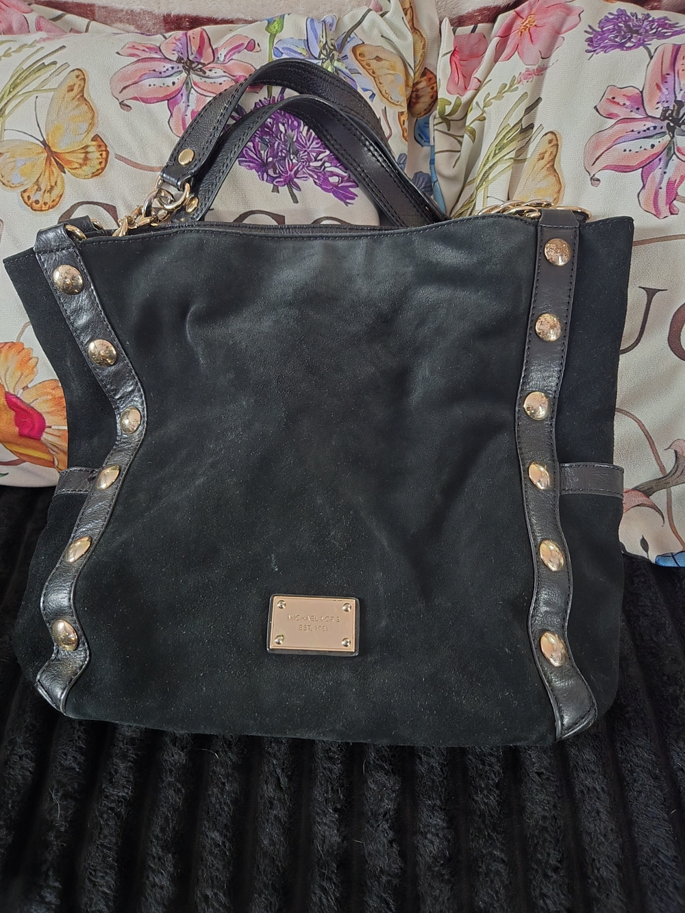 Black Suede Stud-Trim Tote Bag by Michael Kors